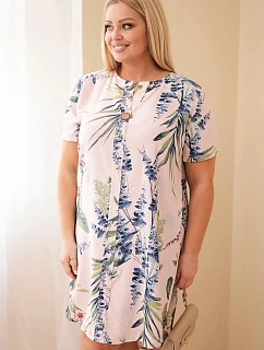 Dámské viskózové šaty Plus Size s krátkým rukávem a výstřihem na knoflíky pudrově růžové