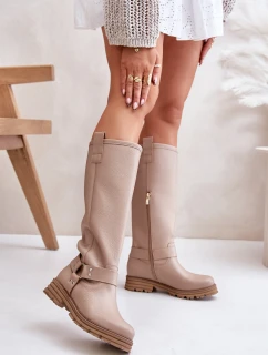 Kožené dámské kozačky nad kolena béžové Lewski model 21672588 - Zazoo