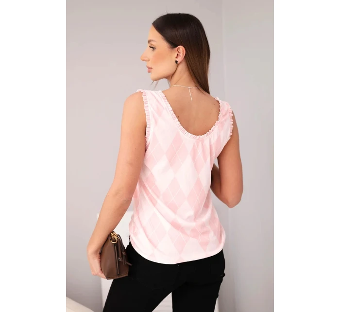 Dámská viskózová bez rukávů blůza s model 21954924 a volánkem u výstřihu pudrově růžová - K-Fashion