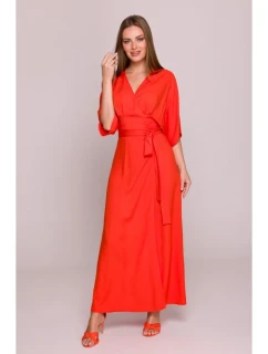 S406 Viskózové maxi šaty se zavinovacím vzorem - korálová barva
