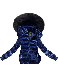 Tmavě modrá krátká zimní bunda s květovaným vzorem (CAN-597)