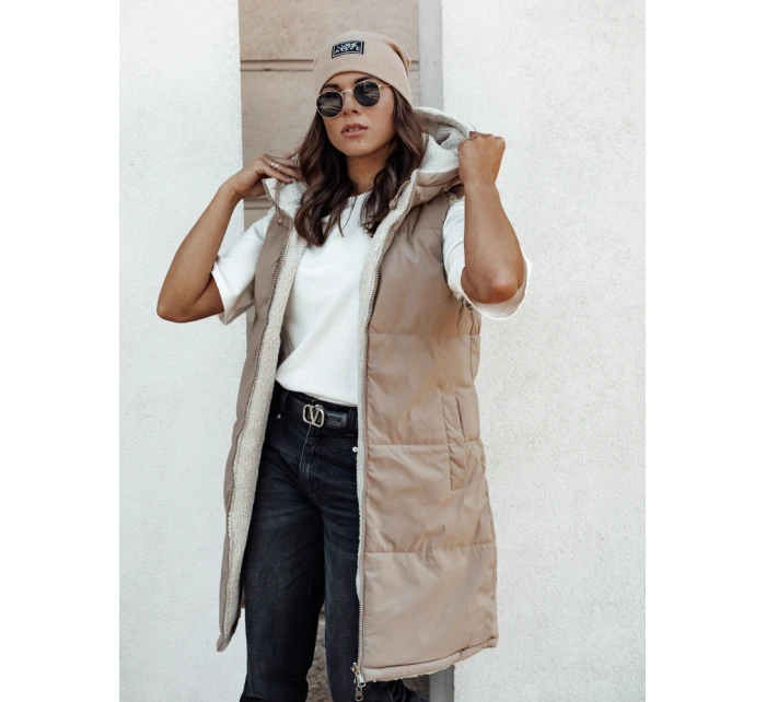 COSYVIVA dámská dlouhá prošívaná vesta s kapucí béžová FashionStreet TY4602