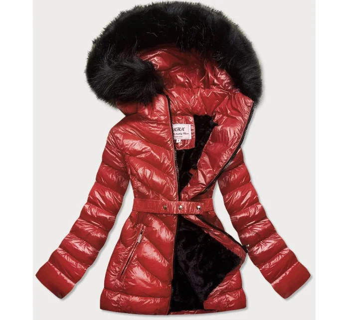 Lesklá zimní bunda ve vínové bordó barvě s mechovitou kožešinovou podšívkou (w673) Lesklá zimní bunda ve vínové bordó barvě s mechovitou kožešinovou podšívkou (w673)