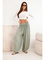 Dámské viskózové kalhoty se širokou nohavicí a řasením khaki