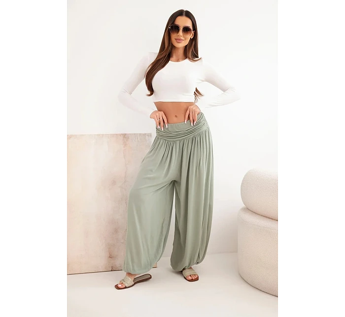 Dámské viskózové kalhoty se širokou nohavicí a řasením khaki