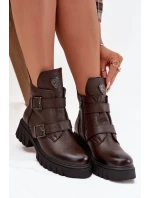 Kožené zateplené dámské boty s přezkami a ozdobným detailem model 21707567 čokoládové - Zazoo