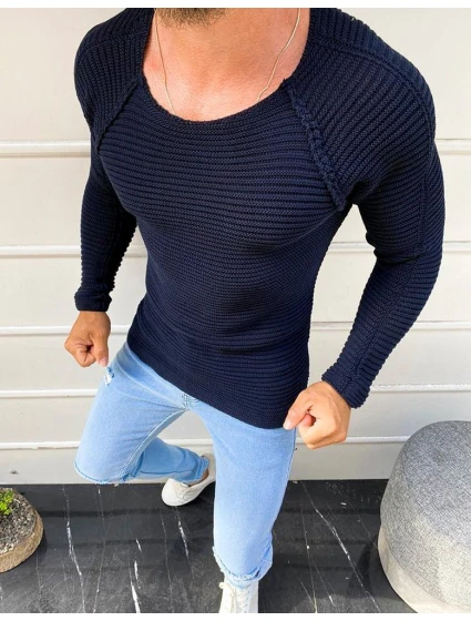 Pánský svetr přes hlavu tmavě modrý WX1579 Pánský svetr přes hlavu tmavě modrý WX1579