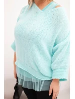 Dámská souprava svetr s výstřihem do V a viskózová blůza s krajkovým lemem mátová Dámská souprava svetr s výstřihem do V a viskózová blůza s krajkovým lemem mátová