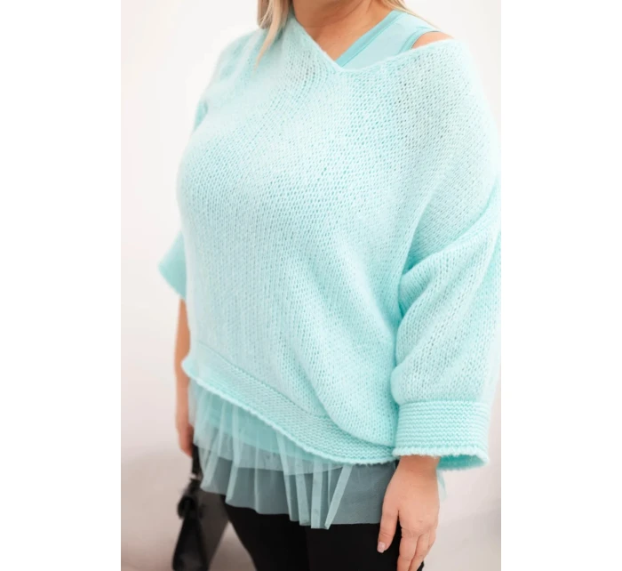 Dámská souprava svetr s výstřihem do V a viskózová blůza s krajkovým lemem mátová Dámská souprava svetr s výstřihem do V a viskózová blůza s krajkovým lemem mátová