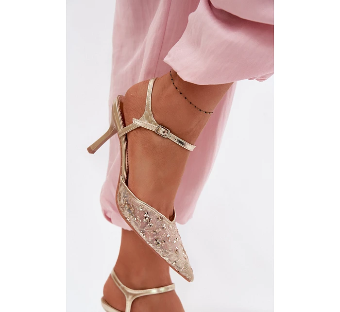 Pánské síťované dámské sandály na jehlovém podpatku se zdobením Zlato model 22103194 - Boto