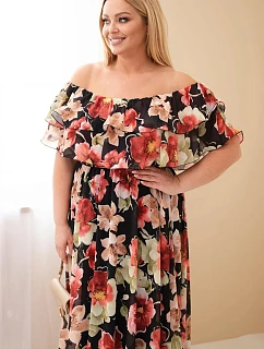 Dámské šaty plus size maxi s volánem španělského střihu a elastickým pasem černá