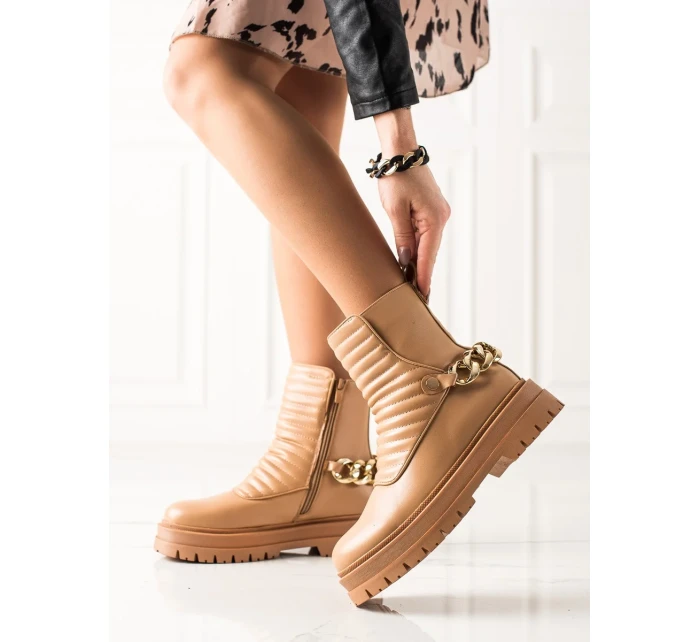 Originální  kotníčkové boty dámské hnědé na plochém podpatku