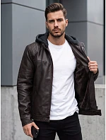 Pánská kožená zateplená bunda s kapucí, hnědá, FashionStreet TX5144 Pánská kožená zateplená bunda s kapucí, hnědá, FashionStreet TX5144