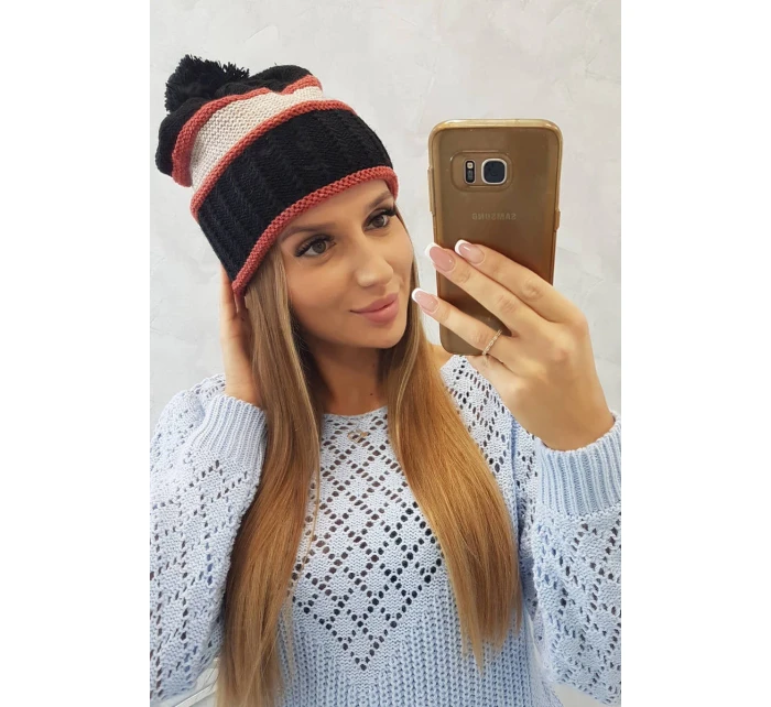 Dámská čepice Kinga K297 černá+tmavě růžová+béžová