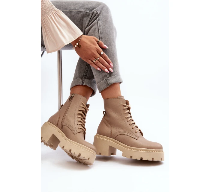 Dámské kožené botky na podpatku béžové model 21644578 - Zazoo