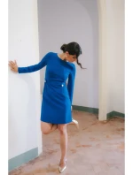 S419 Šaty s ozdobnými knoflíky v pase - královská modř