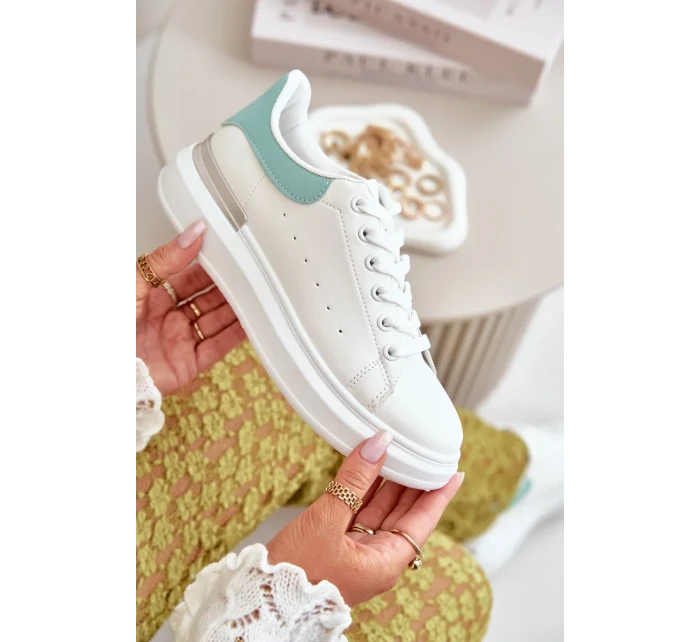 Nízké Dámské Tenisky Na Platformě Z Eko Kůže Bílo-Zelené Nevelena Nízké Dámské Tenisky Na Platformě Z Eko Kůže Bílo-Zelené Nevelena