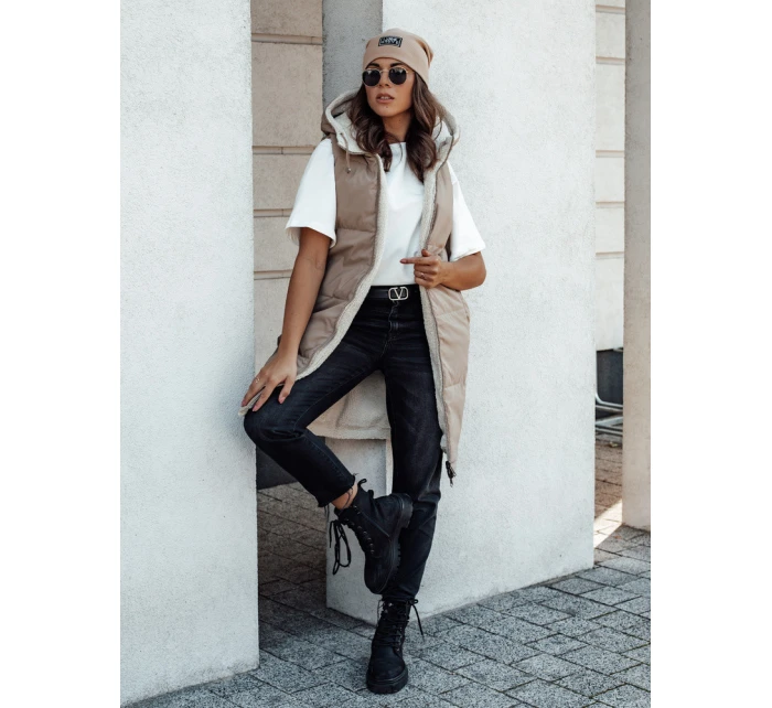 COSYVIVA dámská dlouhá prošívaná vesta s kapucí béžová FashionStreet TY4602