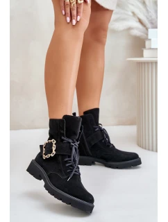 Zazoo 2951 Velurové Kozačky S Dekorativní Přezkou Černé