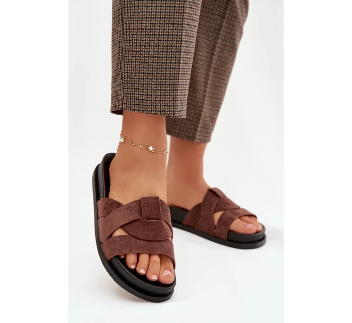 Dámské pantofle Eko semiš s pásky tmavě hnědé model 21918929 - Boto Dámské pantofle Eko semiš s pásky tmavě hnědé model 21918929 - Boto