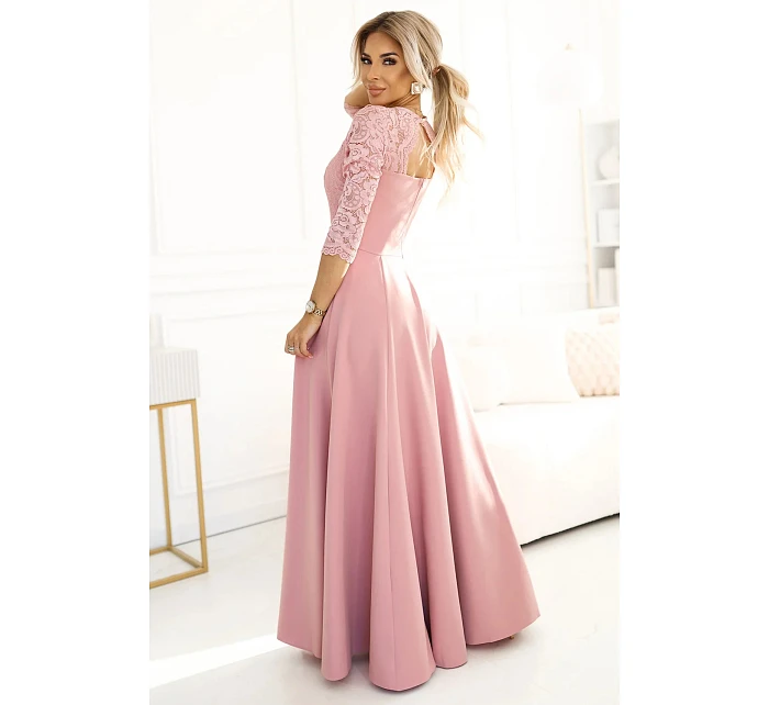 Dámské dlouhé krajkové šaty model 22074821 AMBER pudrově růžové - numoco