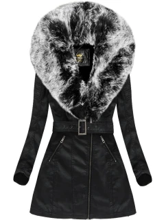 Černo-šedý kabát z ekologické kůže s kožešinovým límcem Libland (LD-5518)