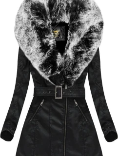 Černo-šedý kabát z ekologické kůže s kožešinovým límcem Libland (LD-5518)