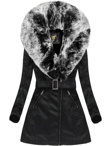 Černo-šedý kabát z ekologické kůže s kožešinovým límcem Libland (LD-5518)