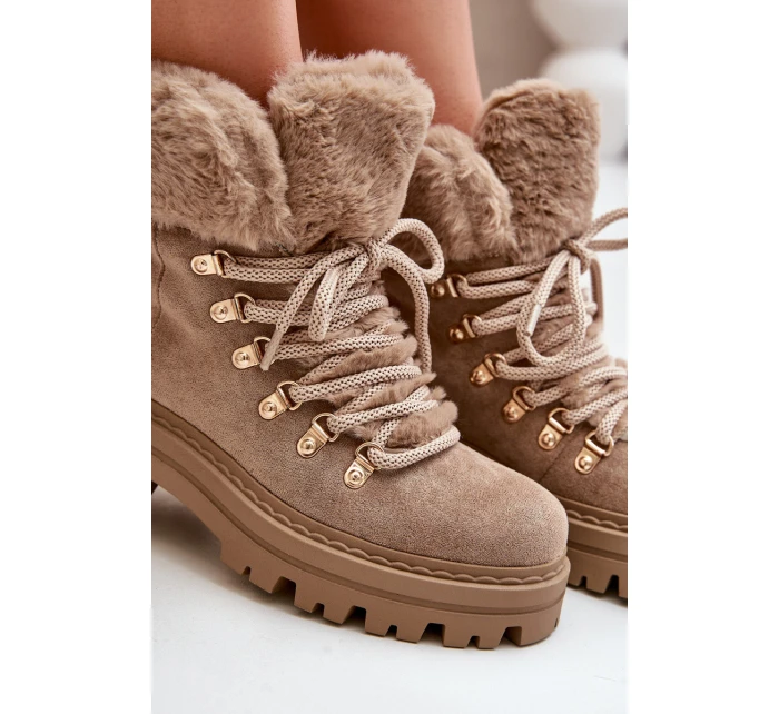 Dámské Šněrovací Boty S Kožíškem Tmavě Béžové model 21679550 - Boto
