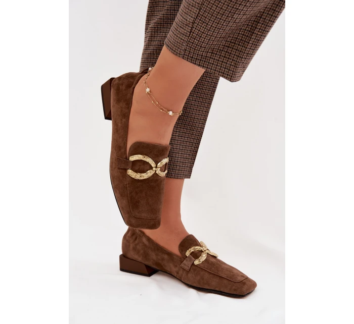 Dámské mokasíny z přírodního semiše zlatý detail D&A model 22031891 hnědé - S.Barski