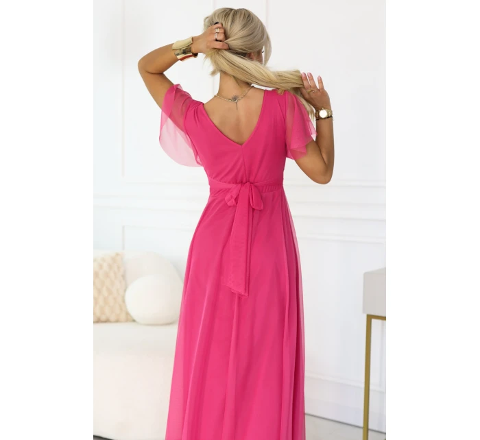 562-9 NASTIA Dlouhé šaty s výstřihem, kosticemi a krátkými rukávy - malinový sorbet