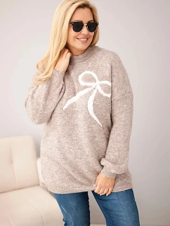 Dámský svetr Plus Size s příměsí vlny s mašlí fango zelená