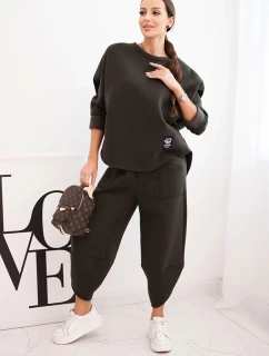 Dámský komplet teplákový z model 21489464 materiálu se širokými nohavicemi khaki - K-Fashion