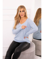 Pletený svetr s výstřihem do V modrý