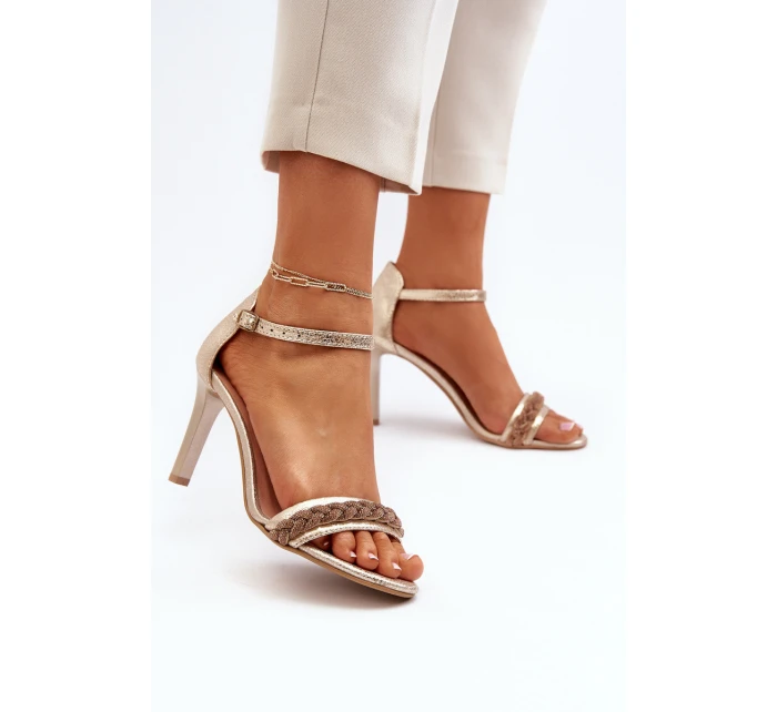 model 21652356 Dámské Kožené Sandály Na Podpatku Zlaté - Zazoo