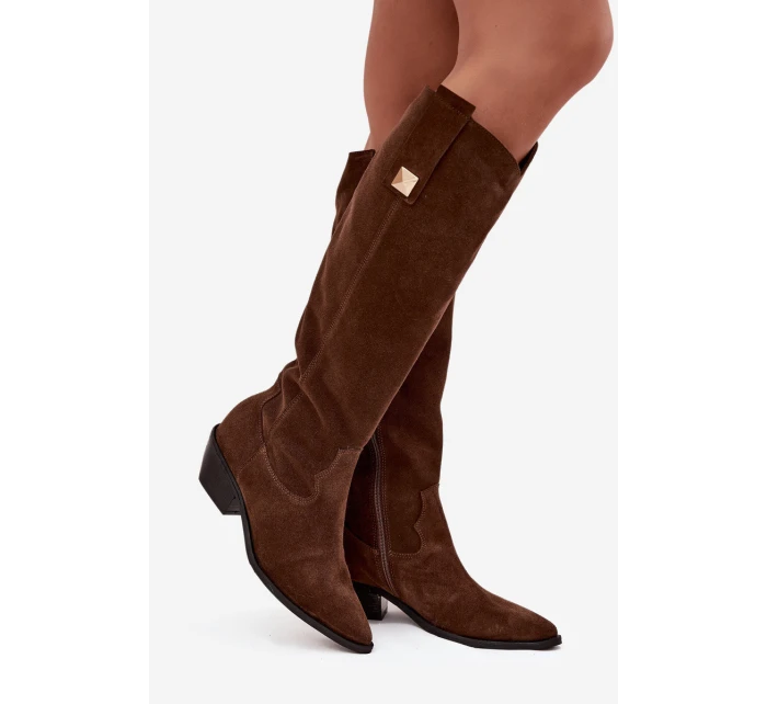 Kožené semišové kozačky zateplené  čokoládové model 21718495 - Zazoo