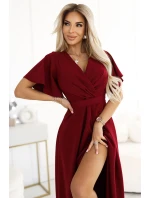 Dlouhé dámské šaty ve vínové bordó barvě s rozparkem na  a výstřihem model 20893015 - numoco
