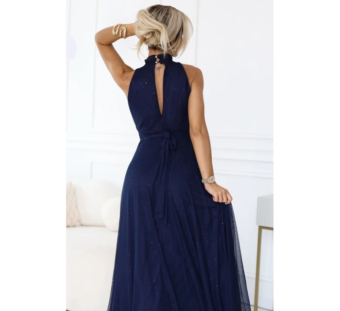 636-2 VERONICA luxusní dlouhé šaty s brokátovým akcentem a elegantním střihem - námořnická modř