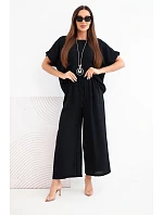 Dámský viskózový komplet halenka s krátkým rukávem a kalhoty se širokými nohavicemi černý