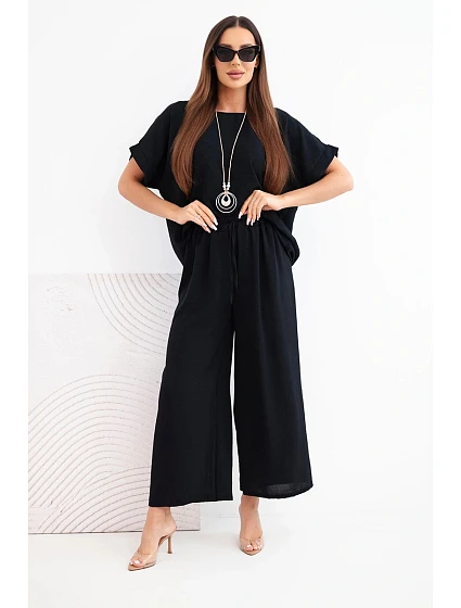 Dámský viskózový komplet halenka s krátkým rukávem a kalhoty se širokými nohavicemi černý