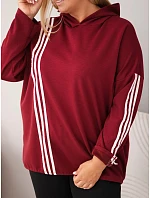 Dámská mikina Plus Size z viskózy s kapucí a ozdobnými pruhy bordó barva