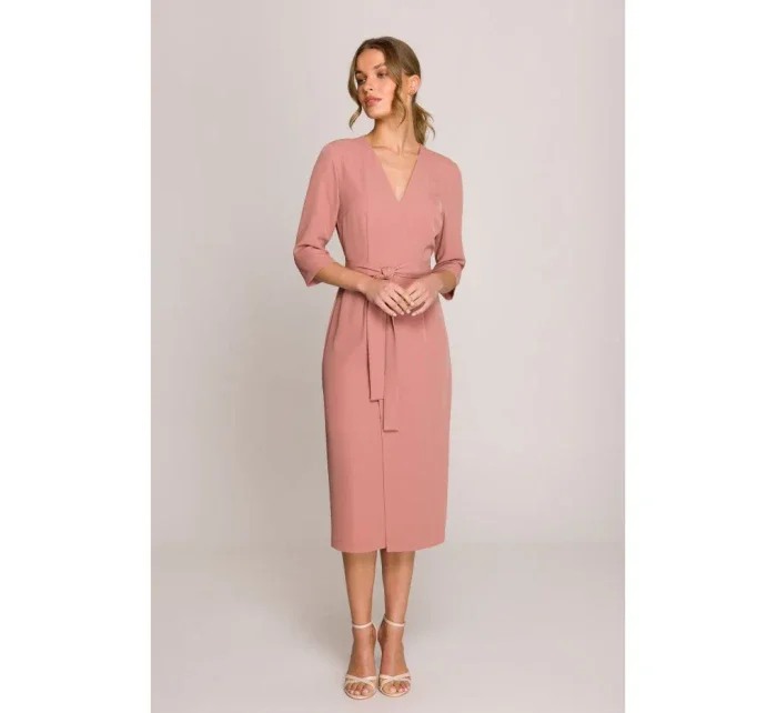 S396 Šaty se zavinovacími detaily ve střední délce - růžové