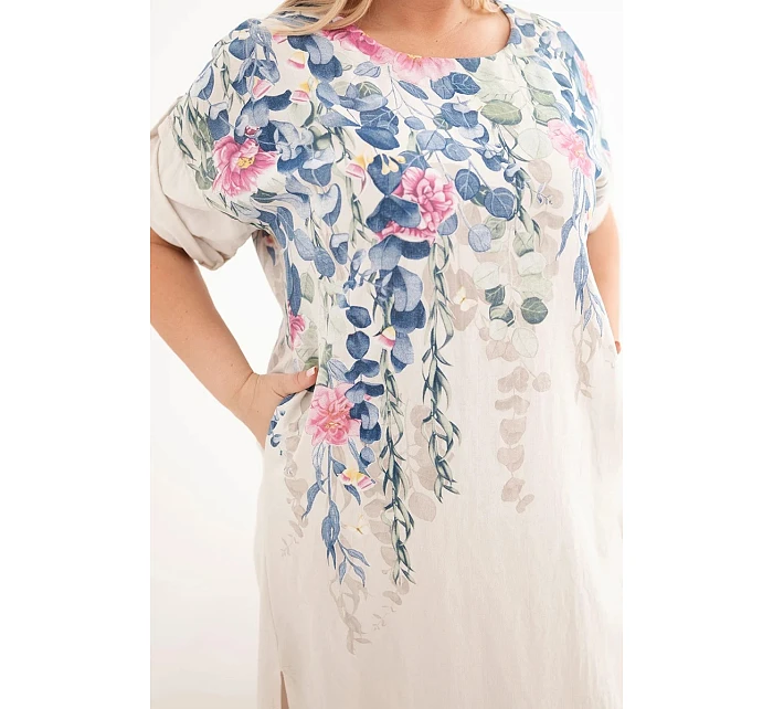 Dámské viskózové šaty plus size s krátkým rukávem a rozparky po stranách béžová