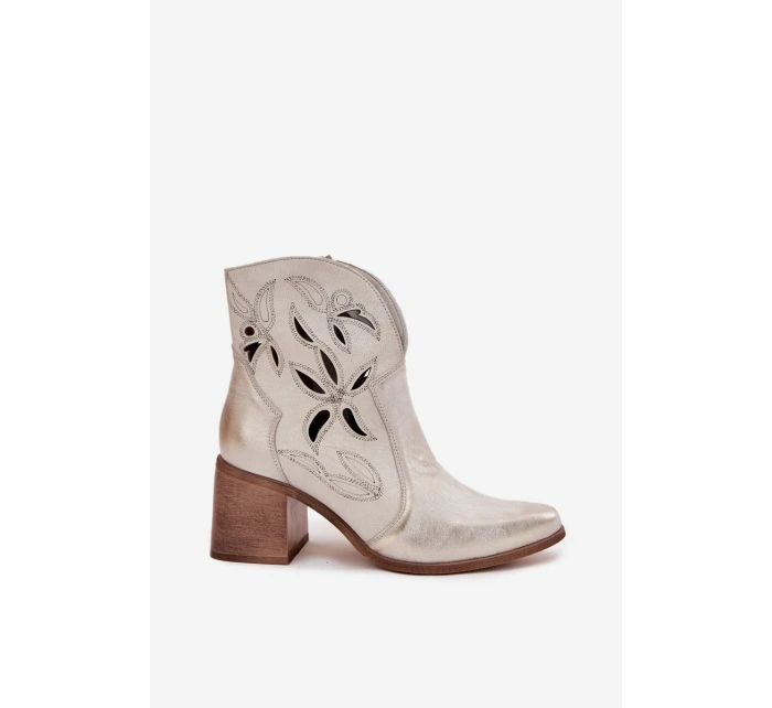 Dámské kotníky s otevřenou síťovinou z přírodní kůže na podpatku Zazoo 3690 zlaté popraskané