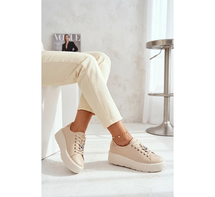 Kožené dámské tenisky na platformě s přezkou Vinceza 39973 Béžové