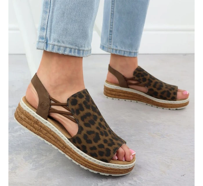 Dámské sandály na platformě s leopardím vzorem v béžové barvě Rieker 62741-90