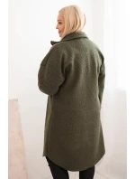 Dámský kabát Plus Size s vlnou na knoflíky s kapsami a límcem khaki