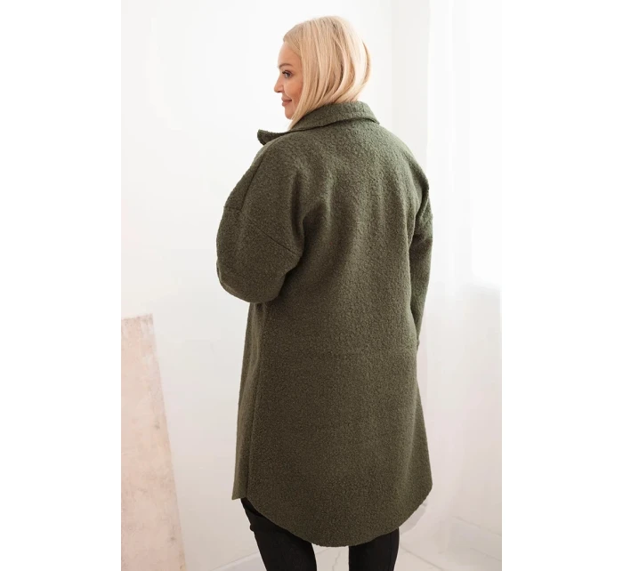 Dámský kabát Plus Size s vlnou na knoflíky s kapsami a límcem khaki