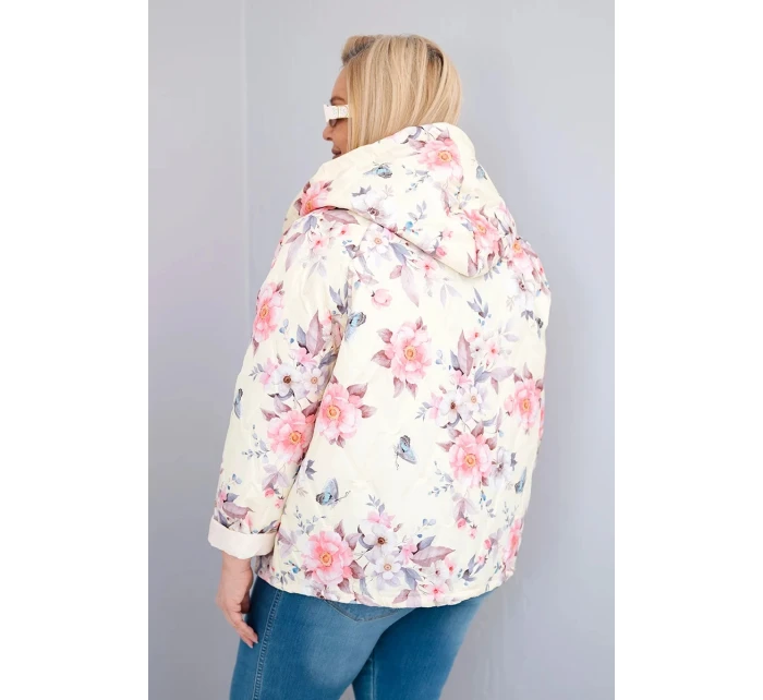 Dámská jarní prošívaná bunda Plus Size s kapucí a květinovým vzorem žlutá