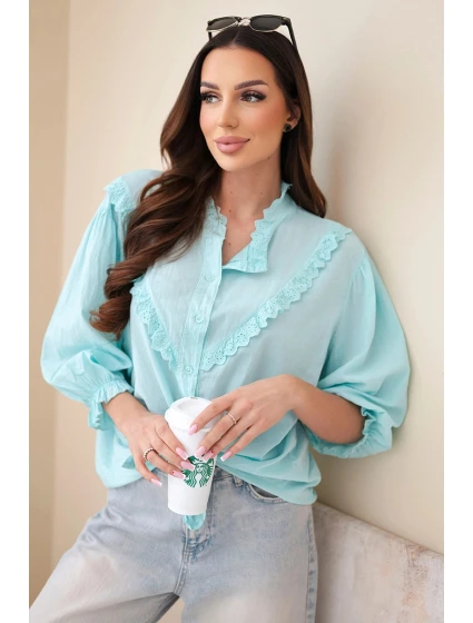 Dámská bavlněná košile s krajkou a zavazováním mentolová Dámská bavlněná košile s krajkou a zavazováním mentolová